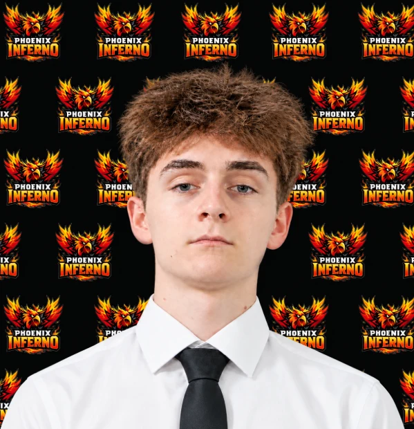 Camden Babin — Phoenix Inferno Camden Babin of the Phoenix Inferno, photographed in a white shirt and black tie in front of a backdrop of repeating Phoenix Inferno logos.